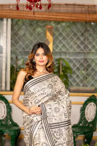 beige hand woven tussar kantha work all seasons sarees