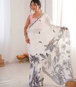 white color chinon fabric digital print smart ethnic saree