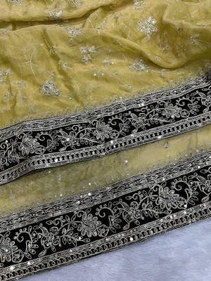 Mustard Color Jari,Sequins And Embroidery Vlevet Fabric Lace Work Silk Blend Saree 3