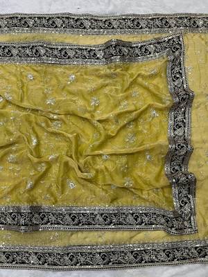 Mustard Color Jari,Sequins And Embroidery Vlevet Fabric Lace Work Silk Blend Saree 4