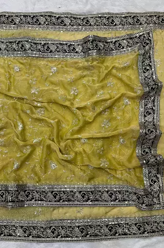 Mustard Color Jari,Sequins And Embroidery Vlevet Fabric Lace Work Silk Blend Saree