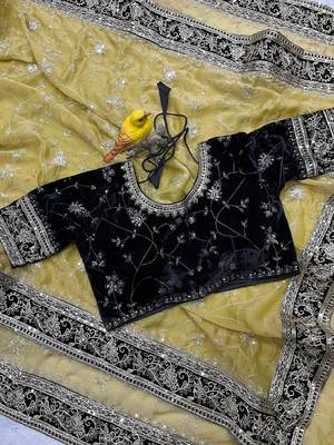 Mustard Color Jari,Sequins And Embroidery Vlevet Fabric Lace Work Silk Blend Saree 5