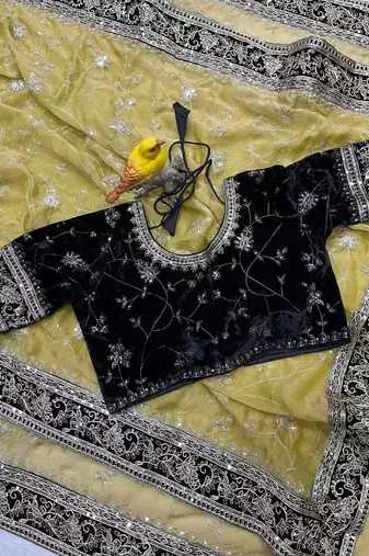 Mustard Color Jari,Sequins And Embroidery Vlevet Fabric Lace Work Silk Blend Saree