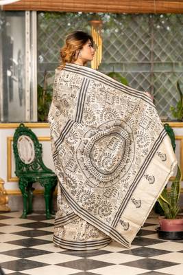 beige hand woven tussar kantha work all seasons sarees 4