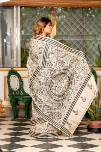 beige hand woven tussar kantha work all seasons sarees