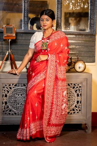 red woven silk blend kantha work all seasons sarees