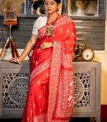 red woven silk blend kantha work all seasons sarees