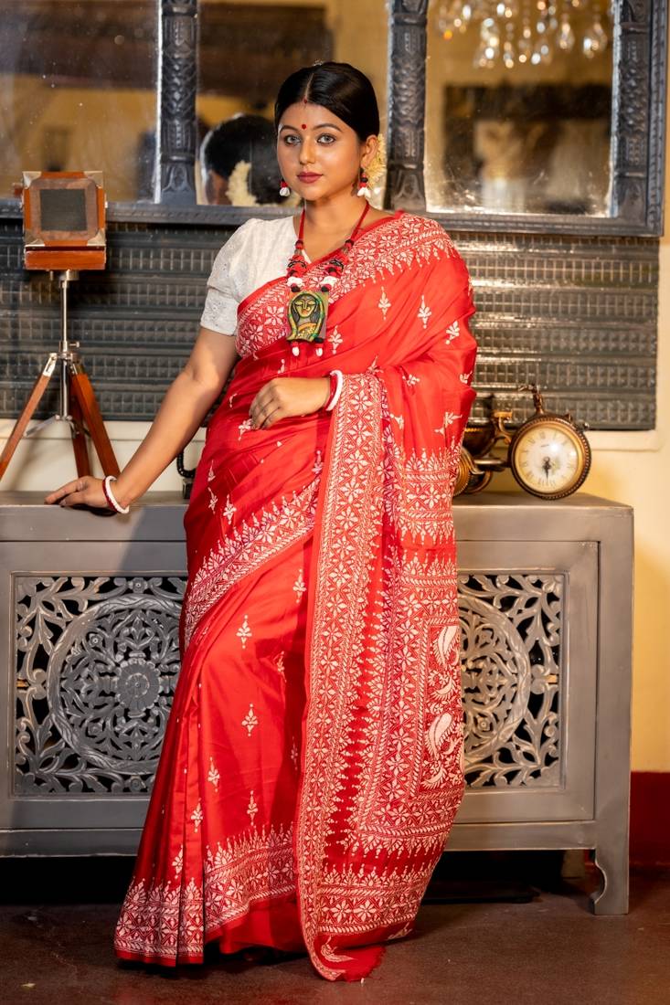 red woven silk blend kantha work all seasons sarees