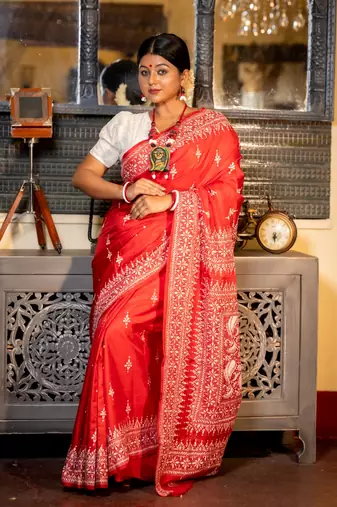 red woven silk blend kantha work all seasons sarees