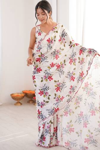 white color chinon fabric digital print smart ethnic saree