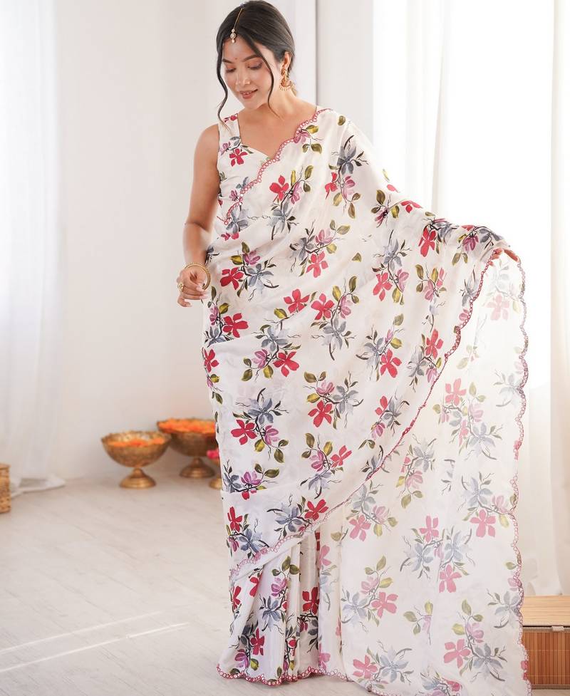 white color chinon fabric digital print smart ethnic saree