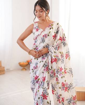 white chinon digital print smart ethnic saree 3