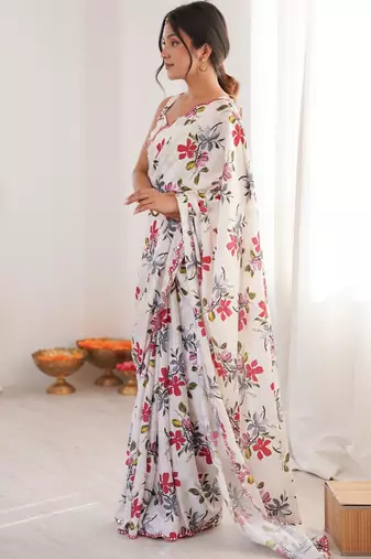 white chinon digital print smart ethnic saree