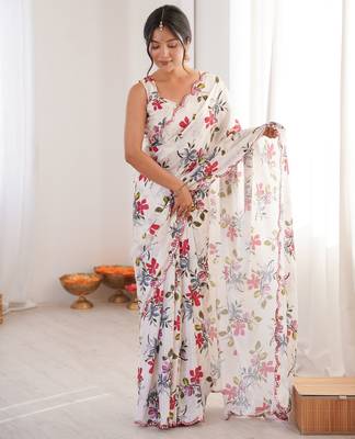 white chinon digital print smart ethnic saree 5