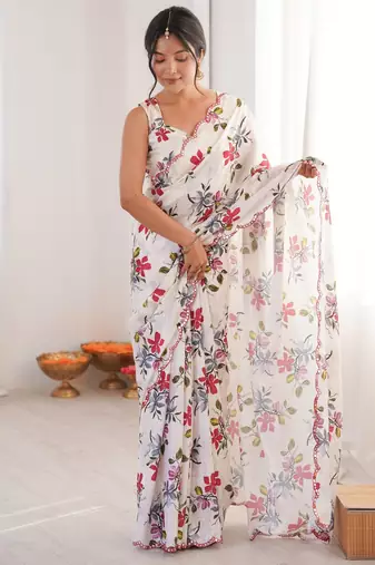 white chinon digital print smart ethnic saree