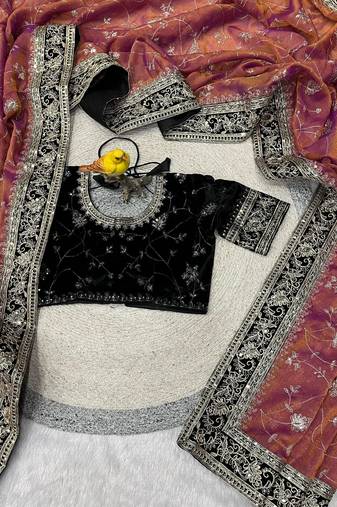 Orange Color Jari,Sequins And Embroidery Vlevet Fabric Lace Work Silk Blend Saree