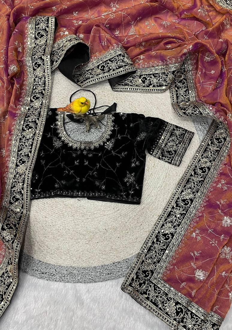 Orange Color Jari,Sequins And Embroidery Vlevet Fabric Lace Work Silk Blend Saree