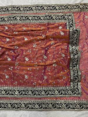 Orange Color Jari,Sequins And Embroidery Vlevet Fabric Lace Work Silk Blend Saree 3