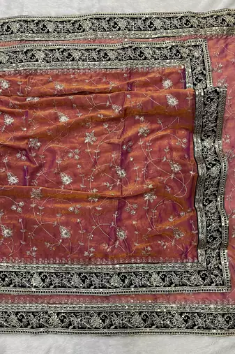 Orange Color Jari,Sequins And Embroidery Vlevet Fabric Lace Work Silk Blend Saree