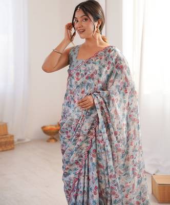 grey chinon digital print smart ethnic saree 3