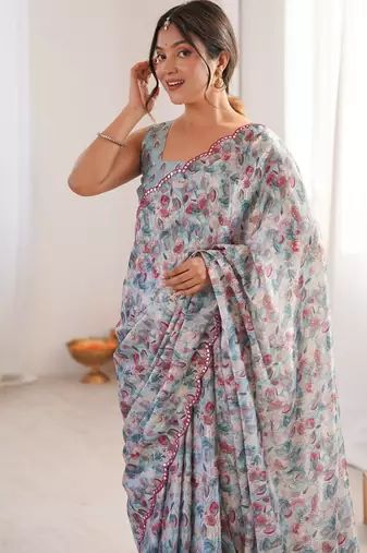grey chinon digital print smart ethnic saree
