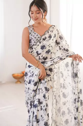 white chinon digital print smart ethnic saree