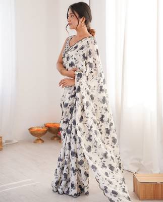 white chinon digital print smart ethnic saree 4