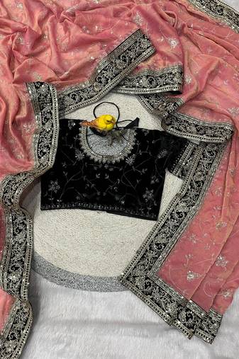 Peach Color Jari,Sequins And Embroidery Vlevet Fabric Lace Work Silk Blend Saree