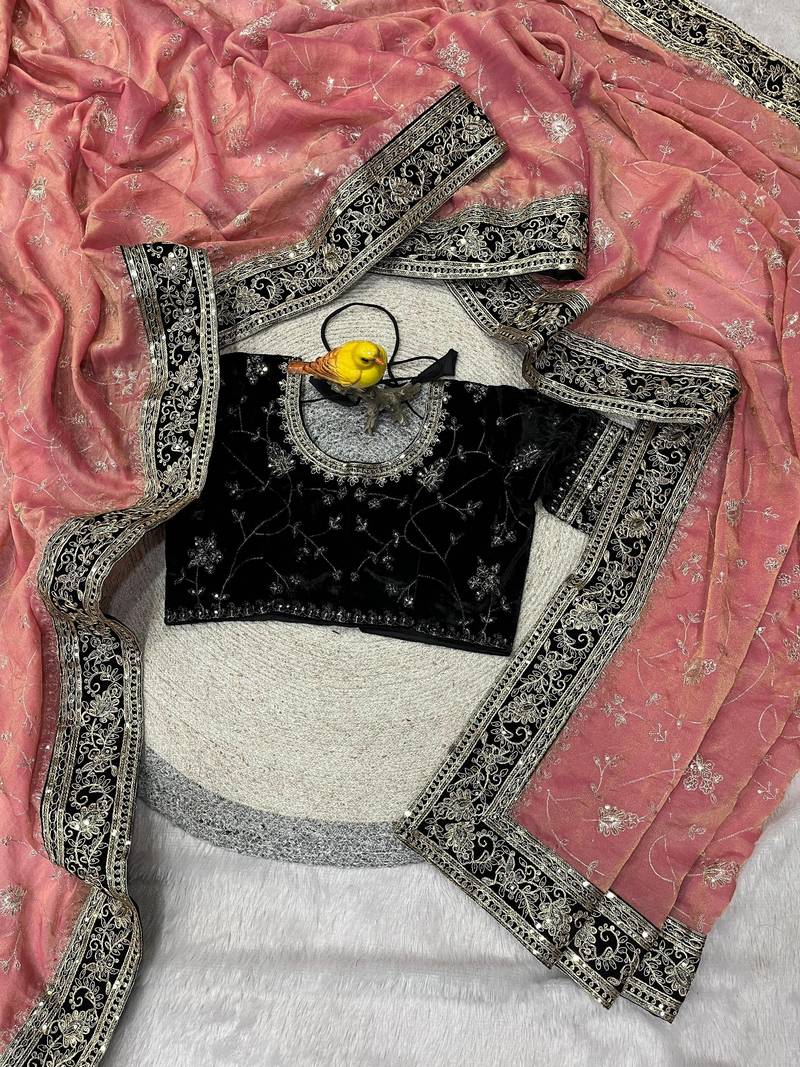 Peach Color Jari,Sequins And Embroidery Vlevet Fabric Lace Work Silk Blend Saree