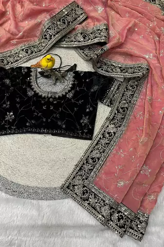 Peach Color Jari,Sequins And Embroidery Vlevet Fabric Lace Work Silk Blend Saree