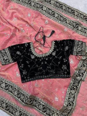 Peach Color Jari,Sequins And Embroidery Vlevet Fabric Lace Work Silk Blend Saree 4