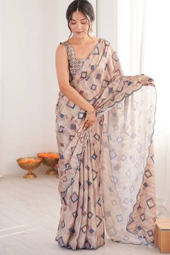 brown color chinon fabric digital print smart ethnic saree