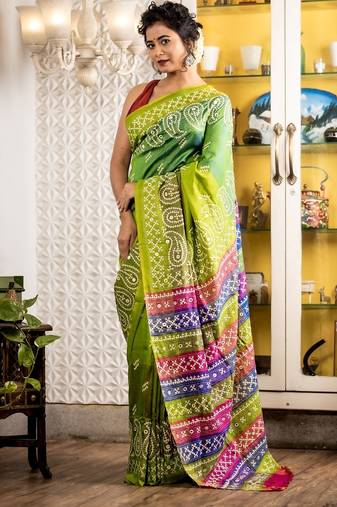green woven silk blend kantha work all seasons sarees