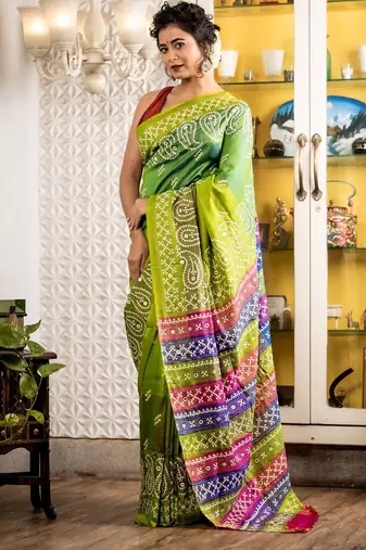 green woven silk blend kantha work all seasons sarees