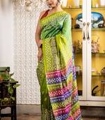 green woven silk blend kantha work all seasons sarees