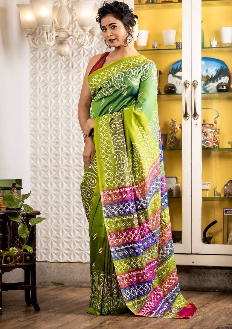 green woven silk blend kantha work all seasons sarees