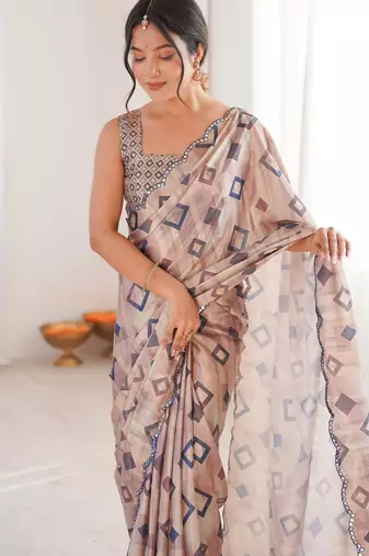 brown chinon digital print smart ethnic saree