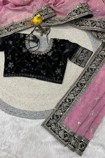 Pink Color Jari,Sequins And Embroidery Vlevet Fabric Lace Work Silk Blend Saree