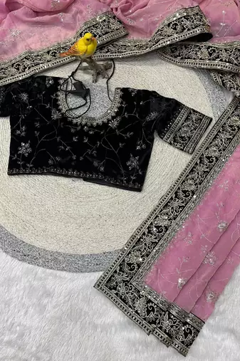 Pink Color Jari,Sequins And Embroidery Vlevet Fabric Lace Work Silk Blend Saree