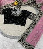 Pink Color Jari,Sequins And Embroidery Vlevet Fabric Lace Work Silk Blend Saree