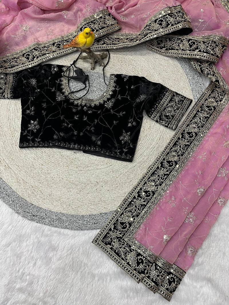 Pink Color Jari,Sequins And Embroidery Vlevet Fabric Lace Work Silk Blend Saree