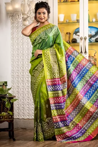 green woven silk blend kantha work all seasons sarees