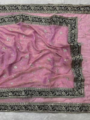 Pink Color Jari,Sequins And Embroidery Vlevet Fabric Lace Work Silk Blend Saree 3