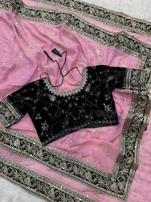 Pink Color Jari,Sequins And Embroidery Vlevet Fabric Lace Work Silk Blend Saree 4
