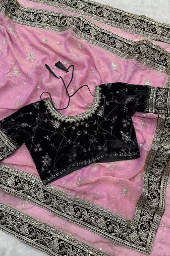 Pink Color Jari,Sequins And Embroidery Vlevet Fabric Lace Work Silk Blend Saree