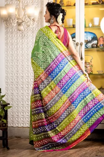 green woven silk blend kantha work all seasons sarees