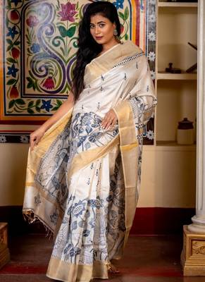 off white hand woven tussar kantha work all seasons sarees 1