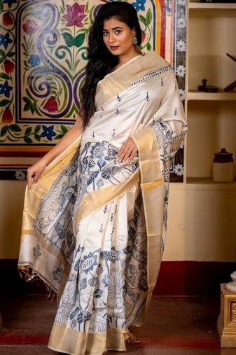 off white hand woven tussar kantha work all seasons sarees