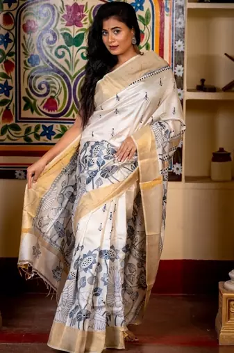 off white hand woven tussar kantha work all seasons sarees