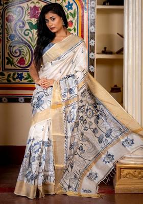 off white hand woven tussar kantha work all seasons sarees 2